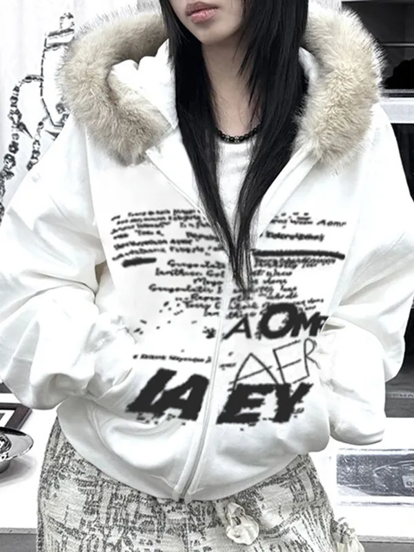 Letter Printed Plush Hooded Jacket