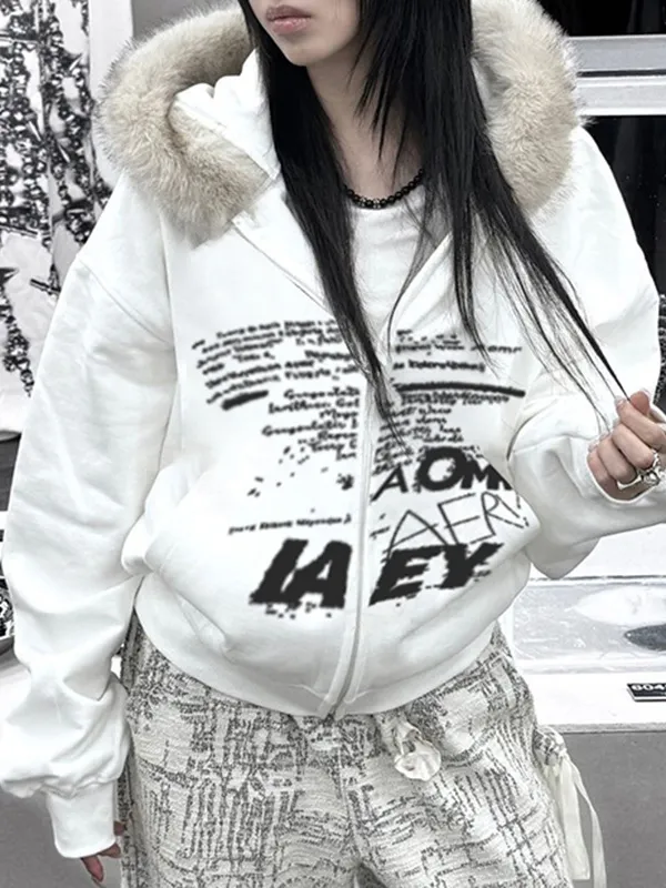 Letter Printed Plush Hooded Jacket