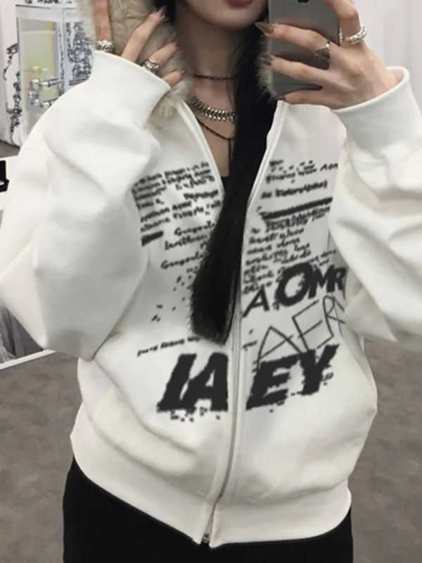 Letter Printed Plush Hooded Jacket