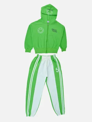 Little Surprise Box, Casual Smiley Green & White Stripes 2Pcs Track Suit Set For Kids & Tweens