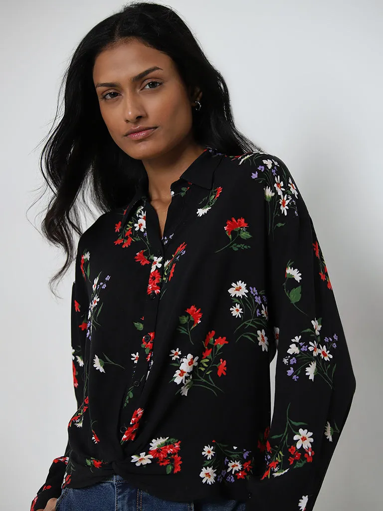 LOV Black Floral Design Shirt