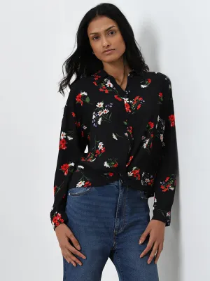 LOV Black Floral Design Shirt