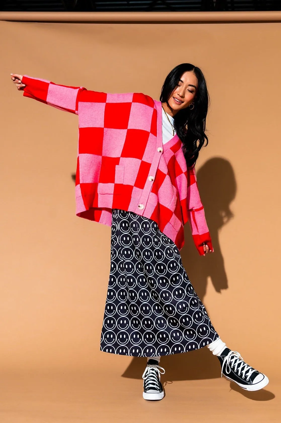 Love You Oversized Checkerboard Cardigan in Red   Pink