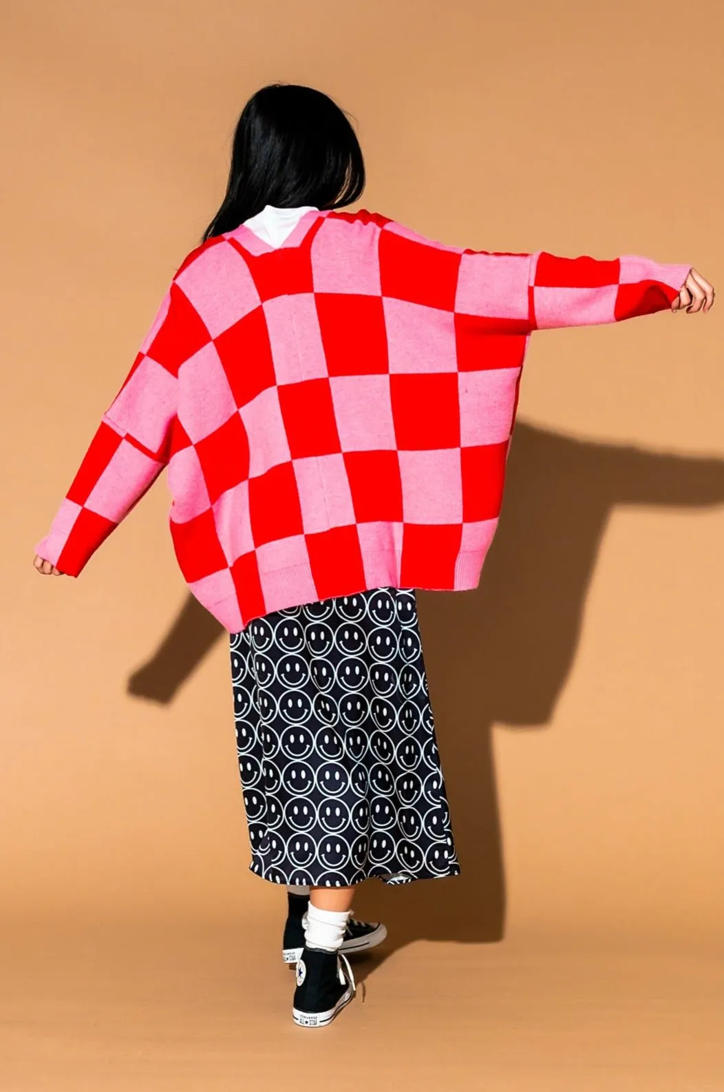 Love You Oversized Checkerboard Cardigan in Red   Pink