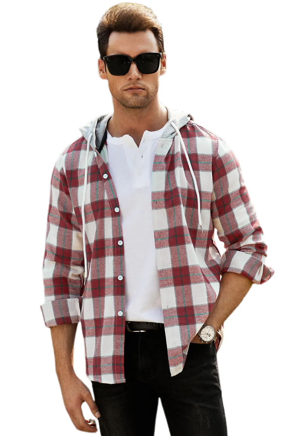 Men's Plaid Hooded Shirts Casual Long Sleeve Lightweight Shirt Jackets