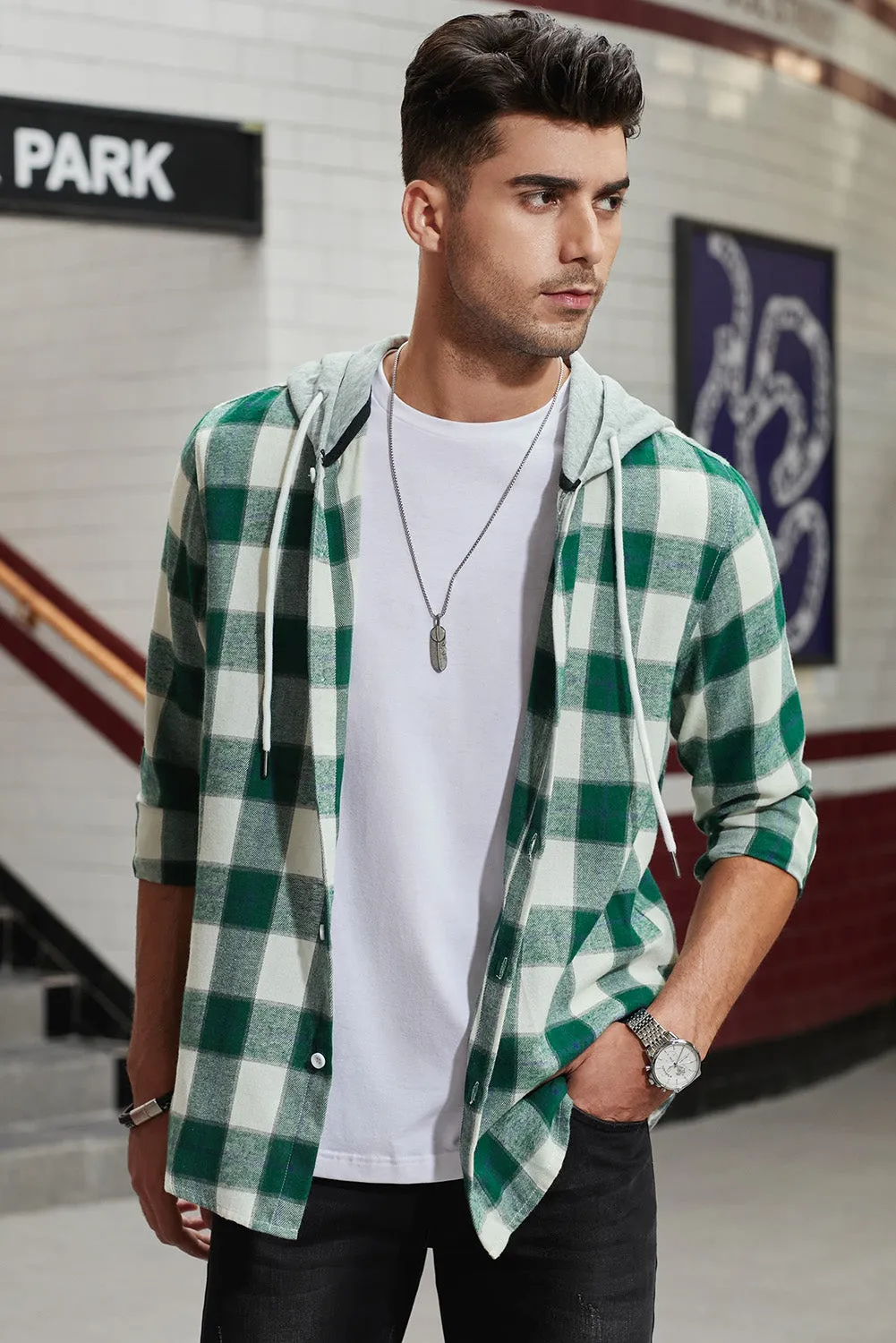 Men's Plaid Hooded Shirts Casual Long Sleeve Lightweight Shirt Jackets