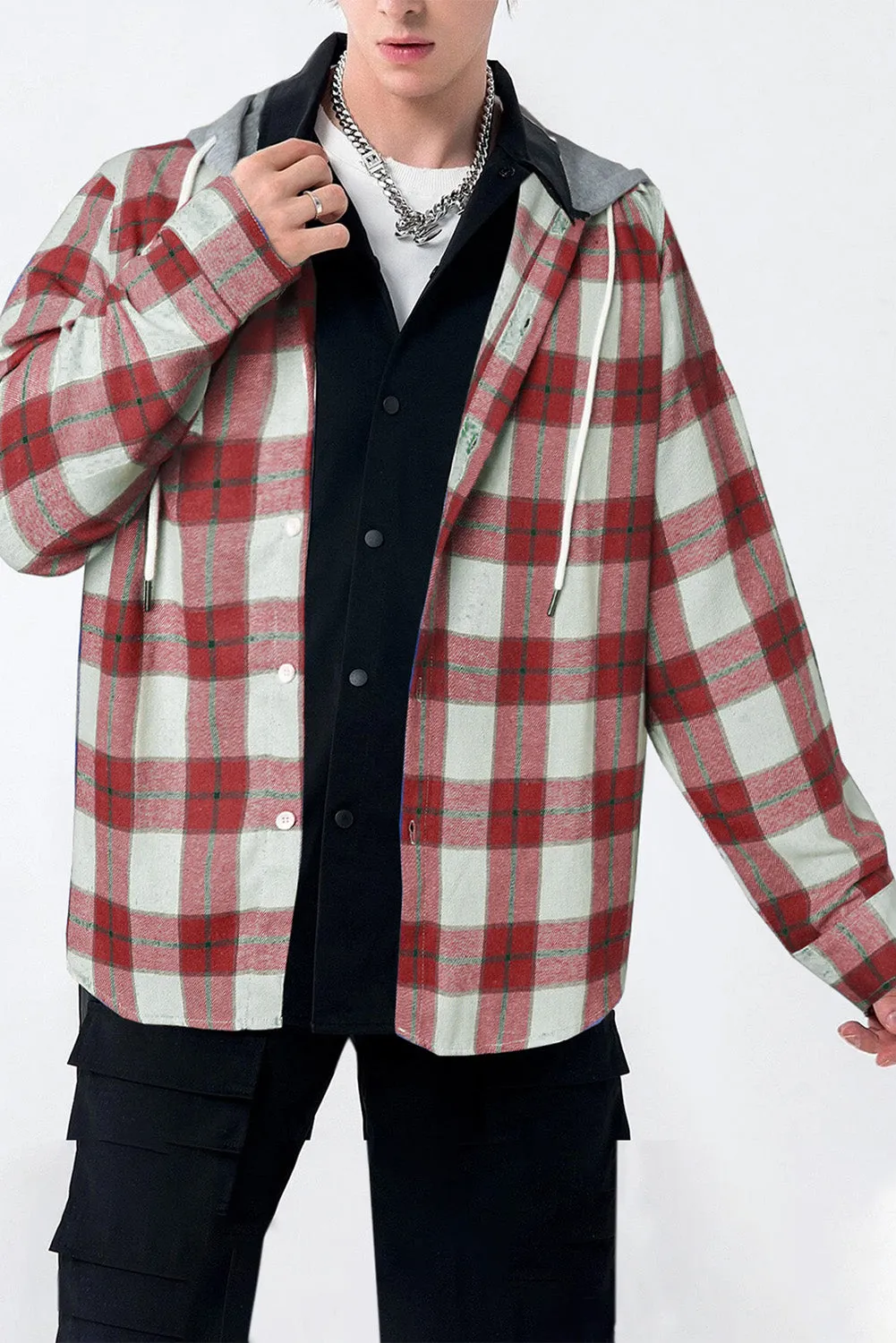 Men's Plaid Hooded Shirts Casual Long Sleeve Lightweight Shirt Jackets