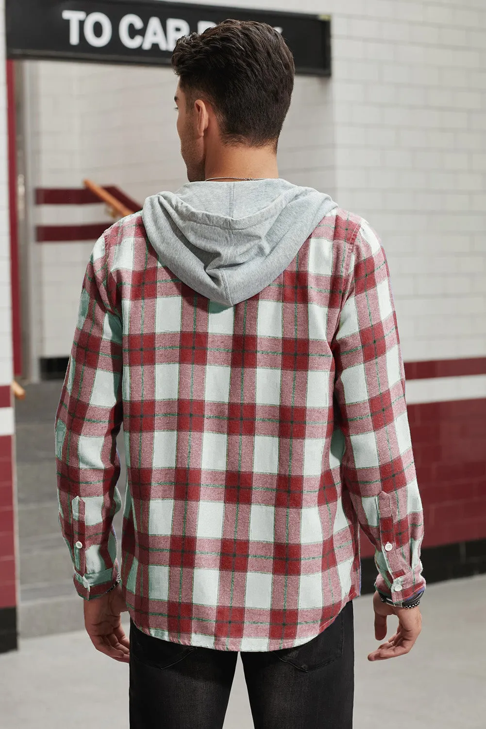 Men's Plaid Hooded Shirts Casual Long Sleeve Lightweight Shirt Jackets