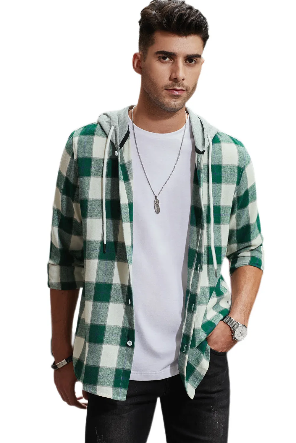 Men's Plaid Hooded Shirts Casual Long Sleeve Lightweight Shirt Jackets