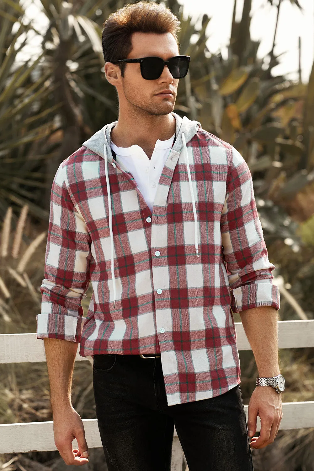 Men's Plaid Hooded Shirts Casual Long Sleeve Lightweight Shirt Jackets