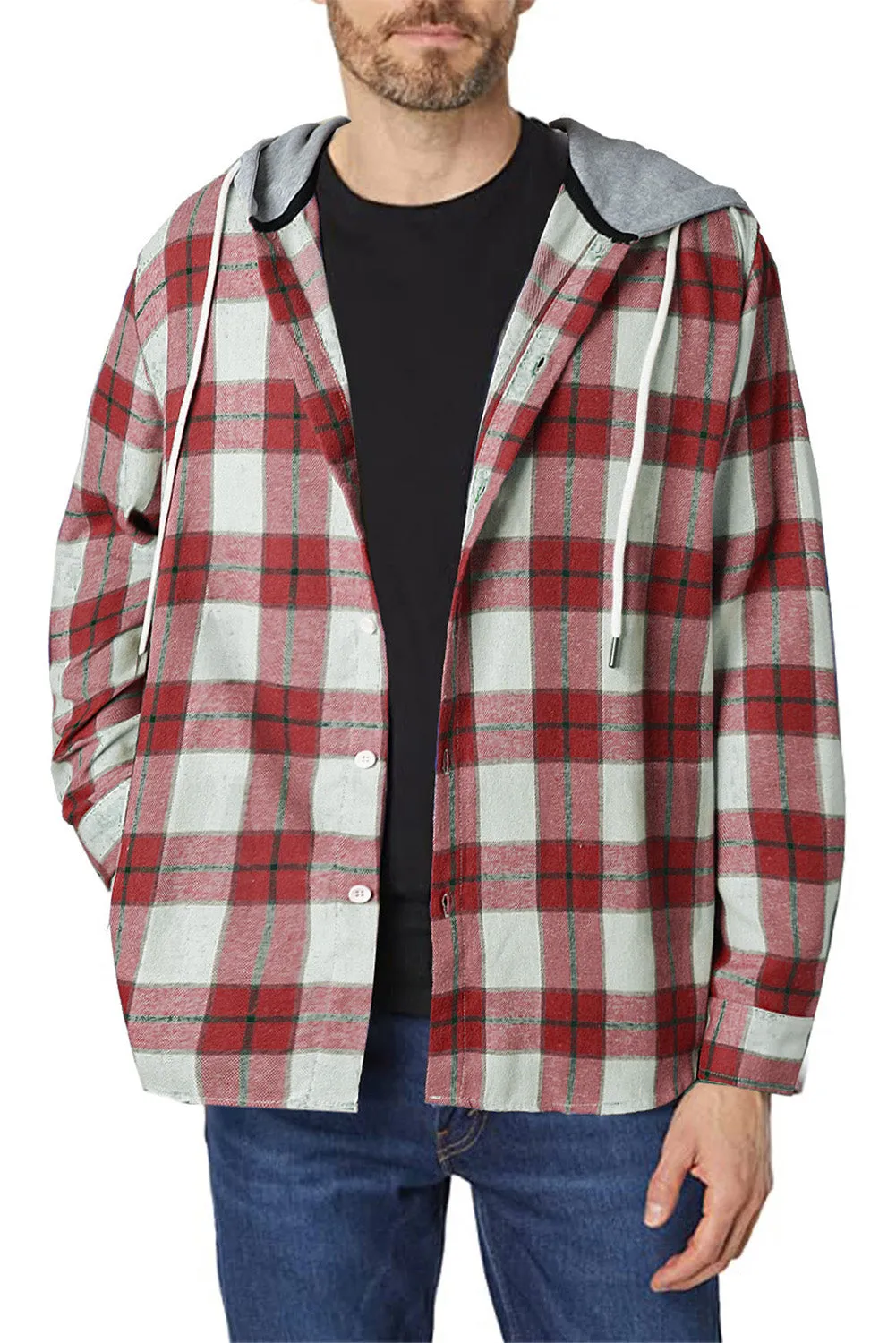 Men's Plaid Hooded Shirts Casual Long Sleeve Lightweight Shirt Jackets