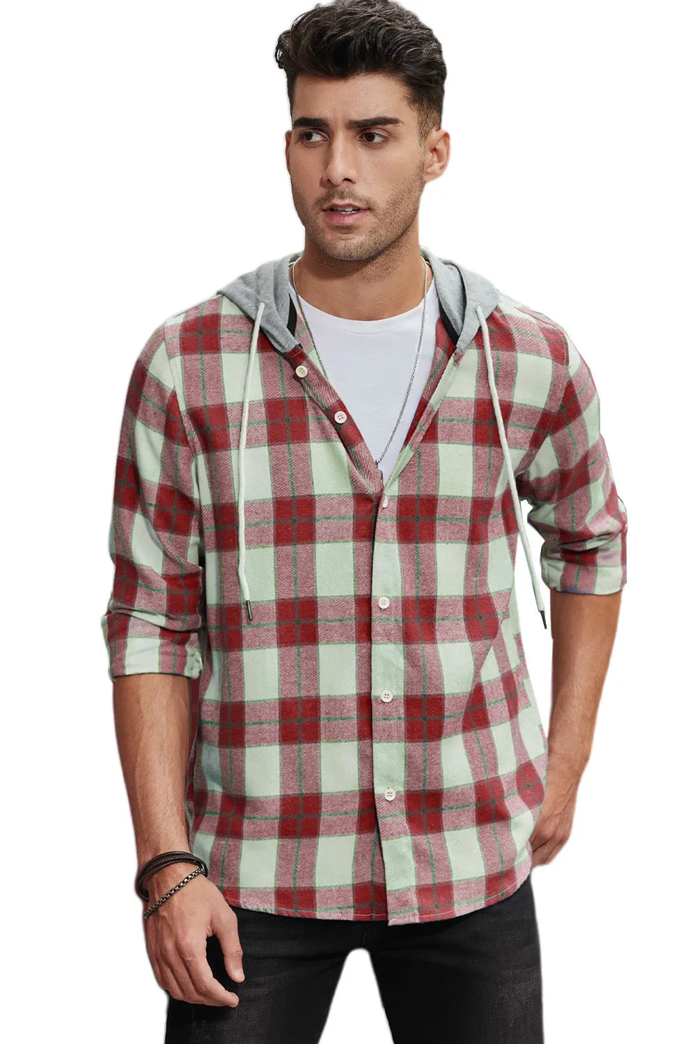 Men's Plaid Hooded Shirts Casual Long Sleeve Lightweight Shirt Jackets