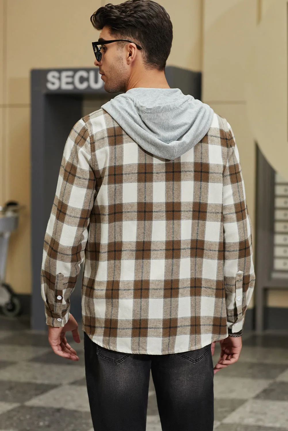 Men's Plaid Hooded Shirts Casual Long Sleeve Lightweight Shirt Jackets