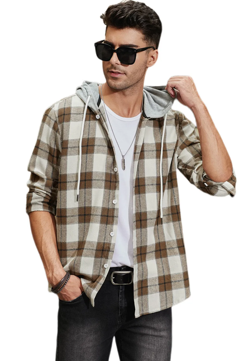 Men's Plaid Hooded Shirts Casual Long Sleeve Lightweight Shirt Jackets