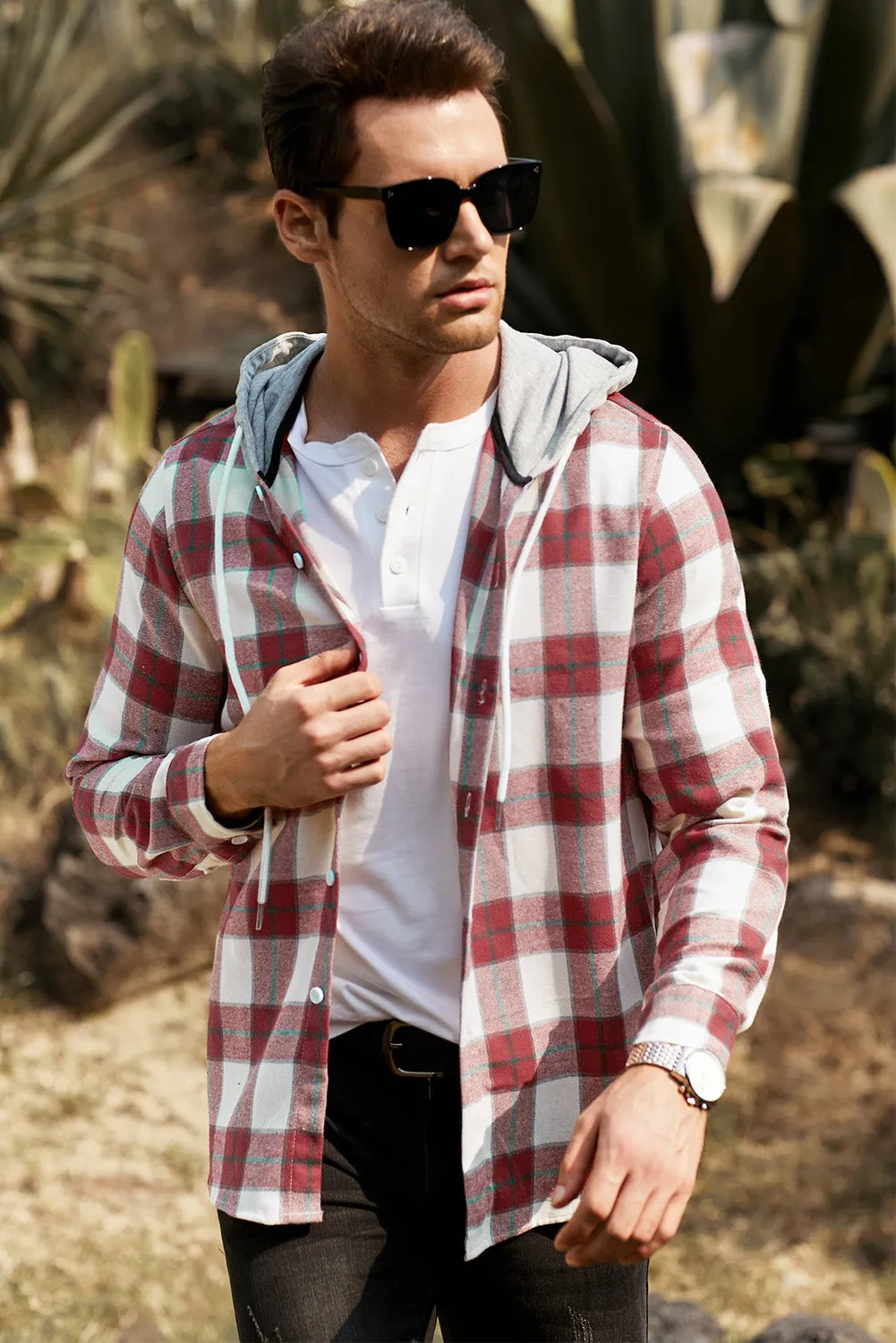 Men's Plaid Hooded Shirts Casual Long Sleeve Lightweight Shirt Jackets