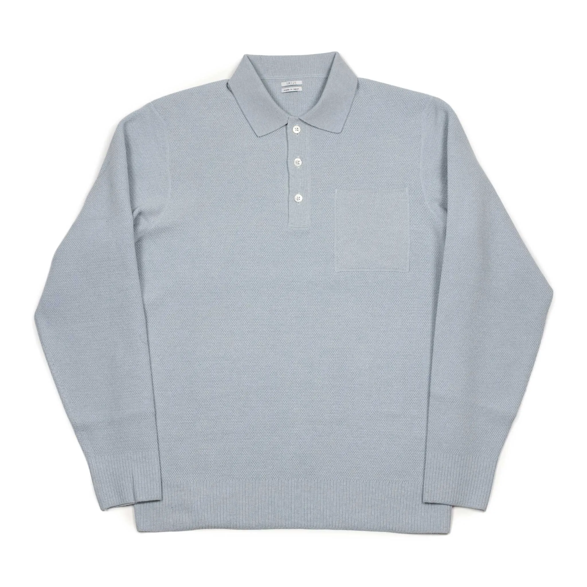 Molded knit long sleeve polo in micro-honeycomb light blue melange wool