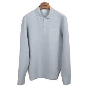 Molded knit long sleeve polo in micro-honeycomb light blue melange wool