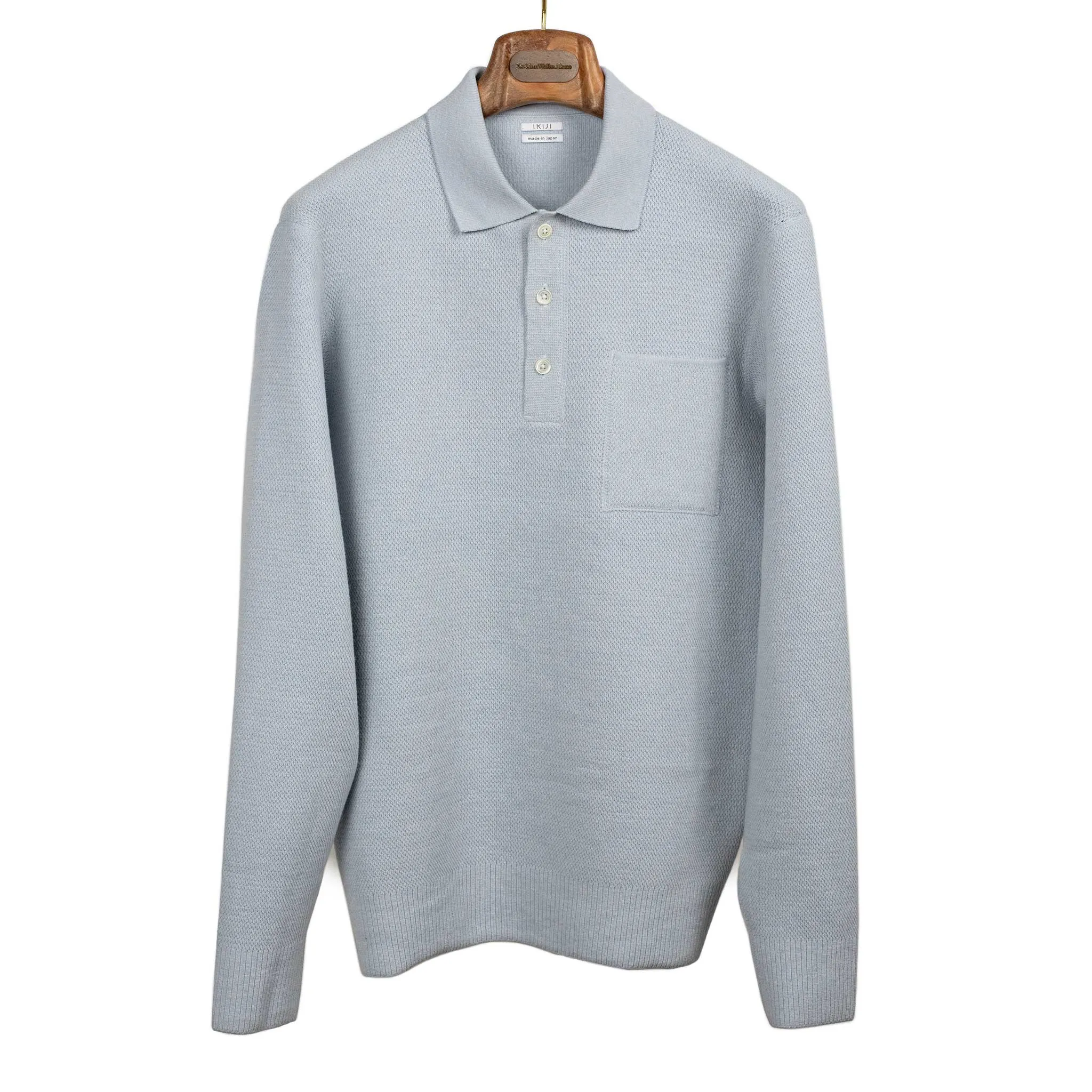 Molded knit long sleeve polo in micro-honeycomb light blue melange wool