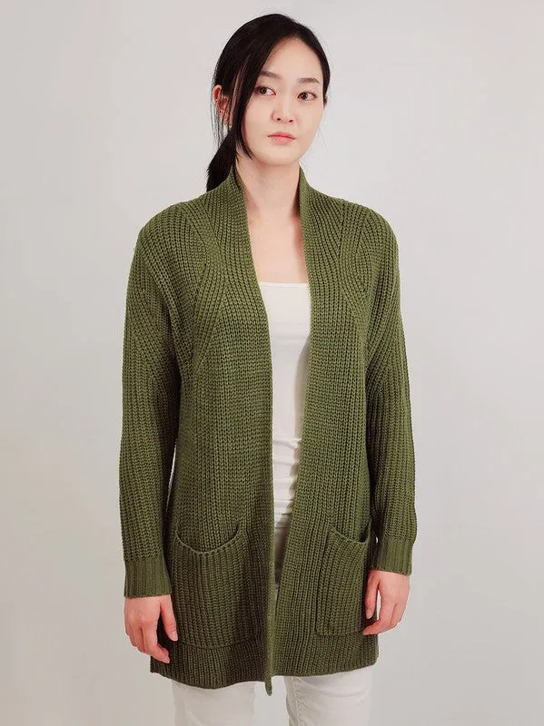 Open Front Waffle Knit Sweater Cardigan w/ Pocket