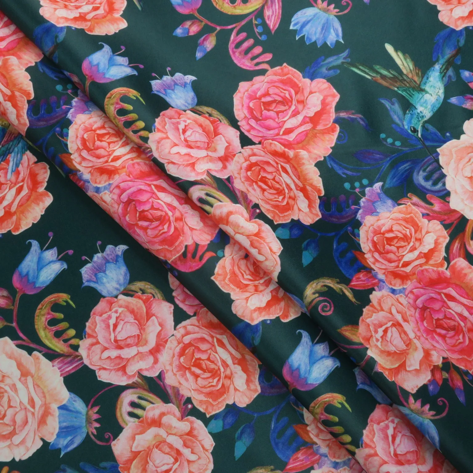 Pink Roses on Black Background Printed Polyester Mikado Fabric