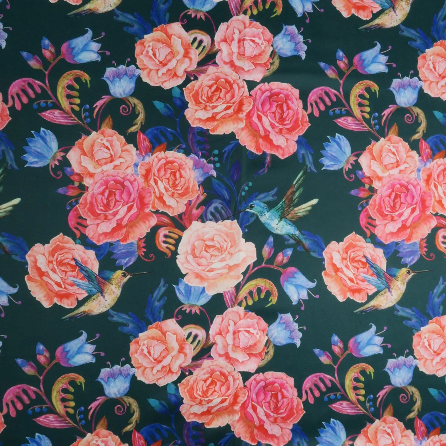 Pink Roses on Black Background Printed Polyester Mikado Fabric