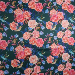 Pink Roses on Black Background Printed Polyester Mikado Fabric