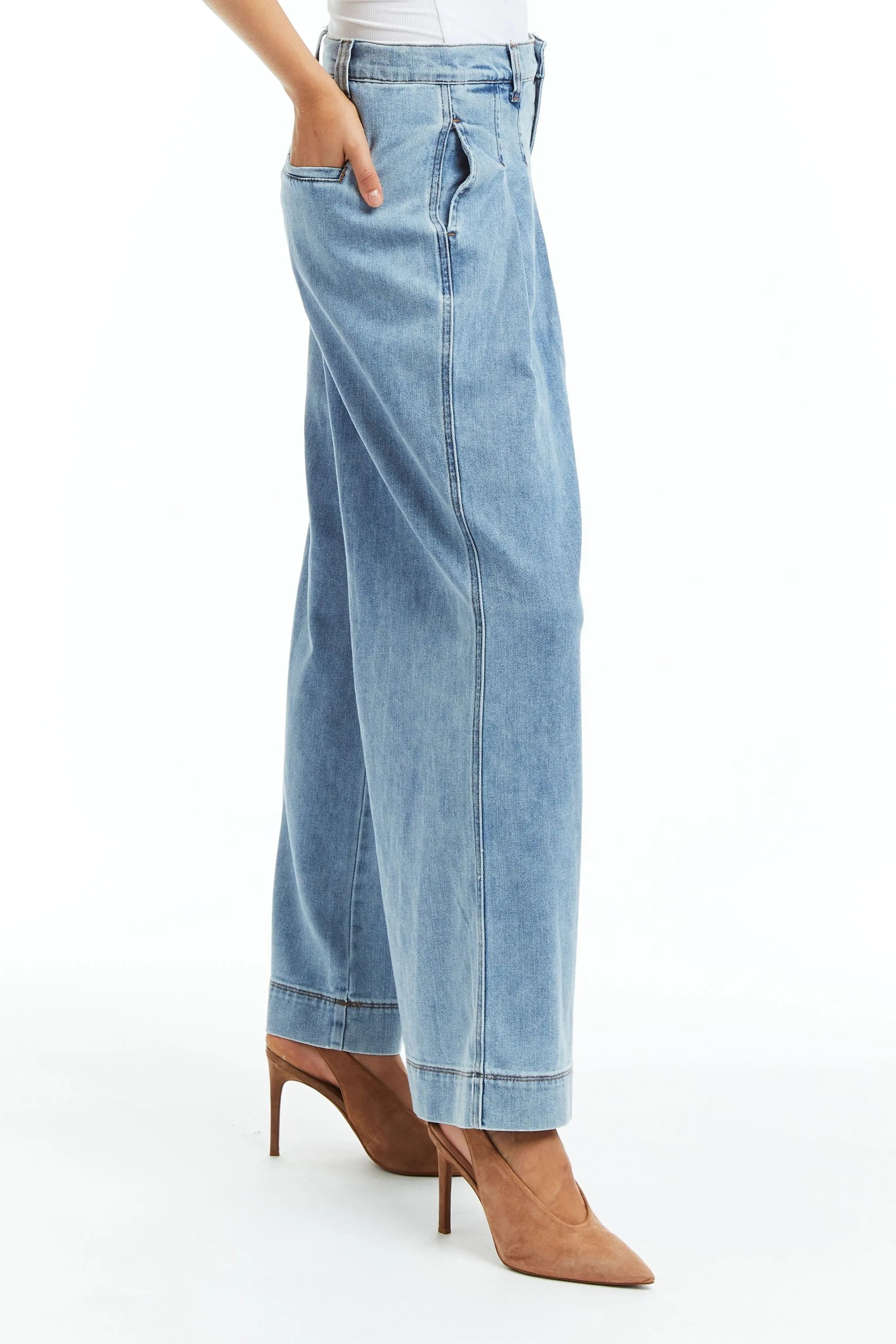 Pleated Wide Leg Denim Trouser