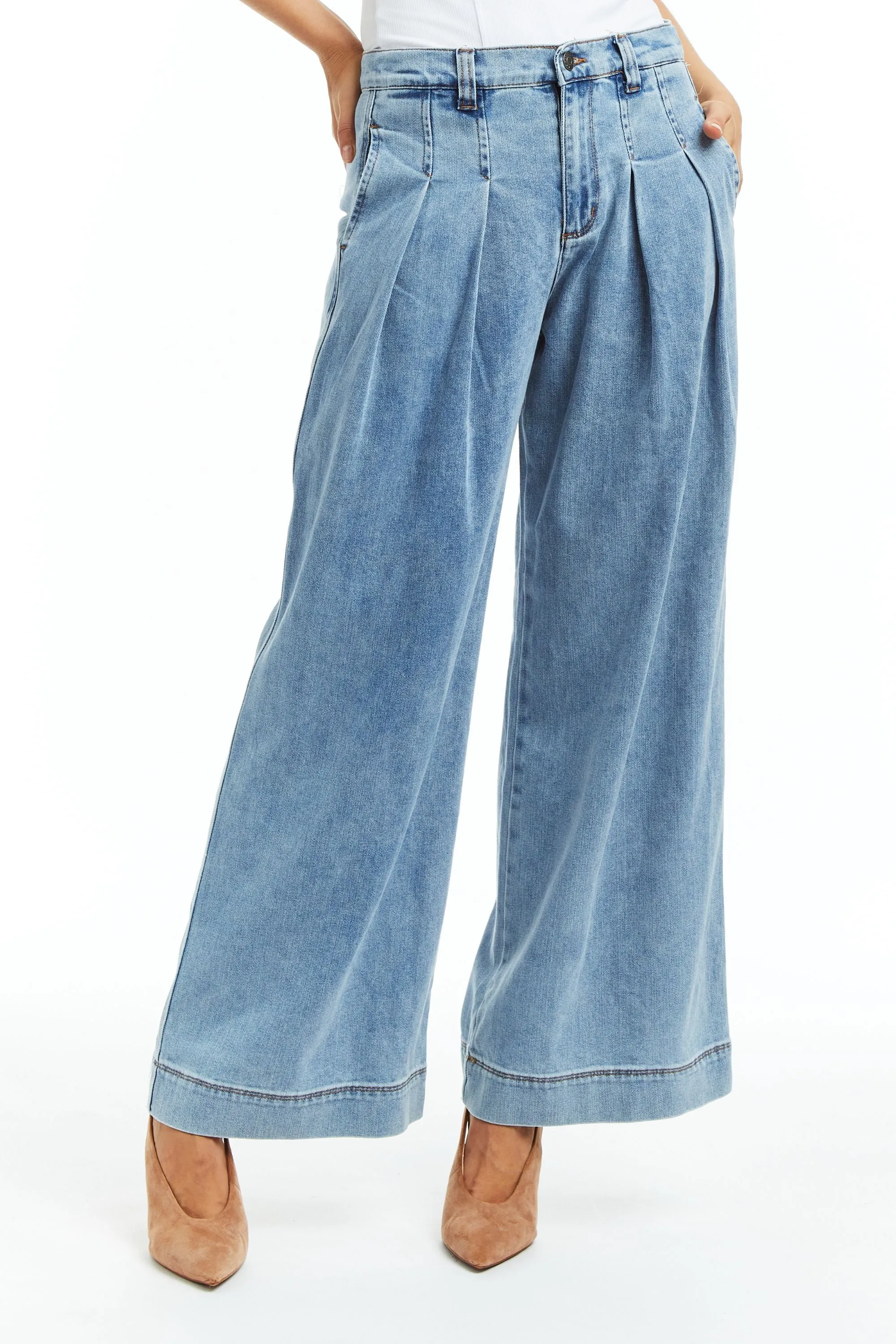 Pleated Wide Leg Denim Trouser