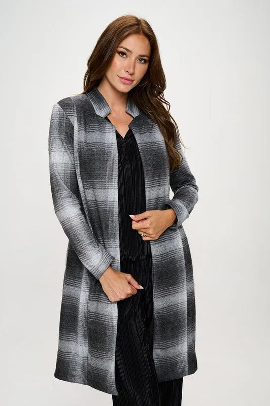 RENEE C. Charcoal Plaid Open Front Coat with Collar