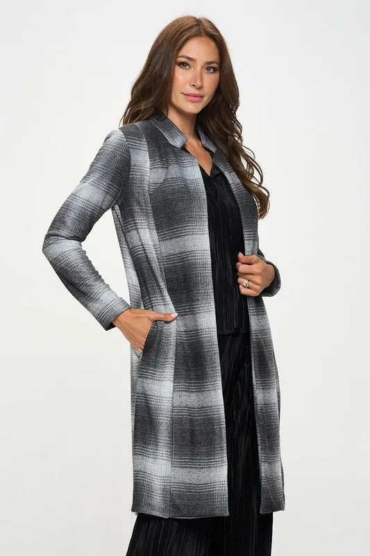 RENEE C. Charcoal Plaid Open Front Coat with Collar