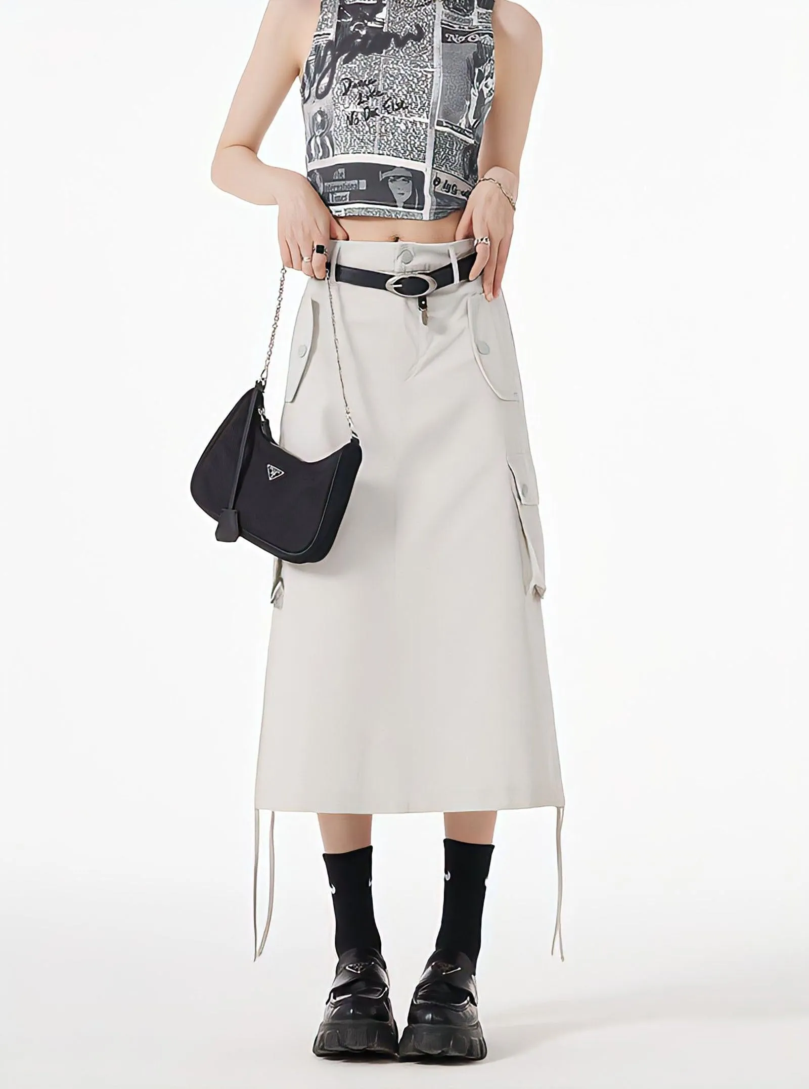 Slit & String Detailed Cargo Midi Skirt