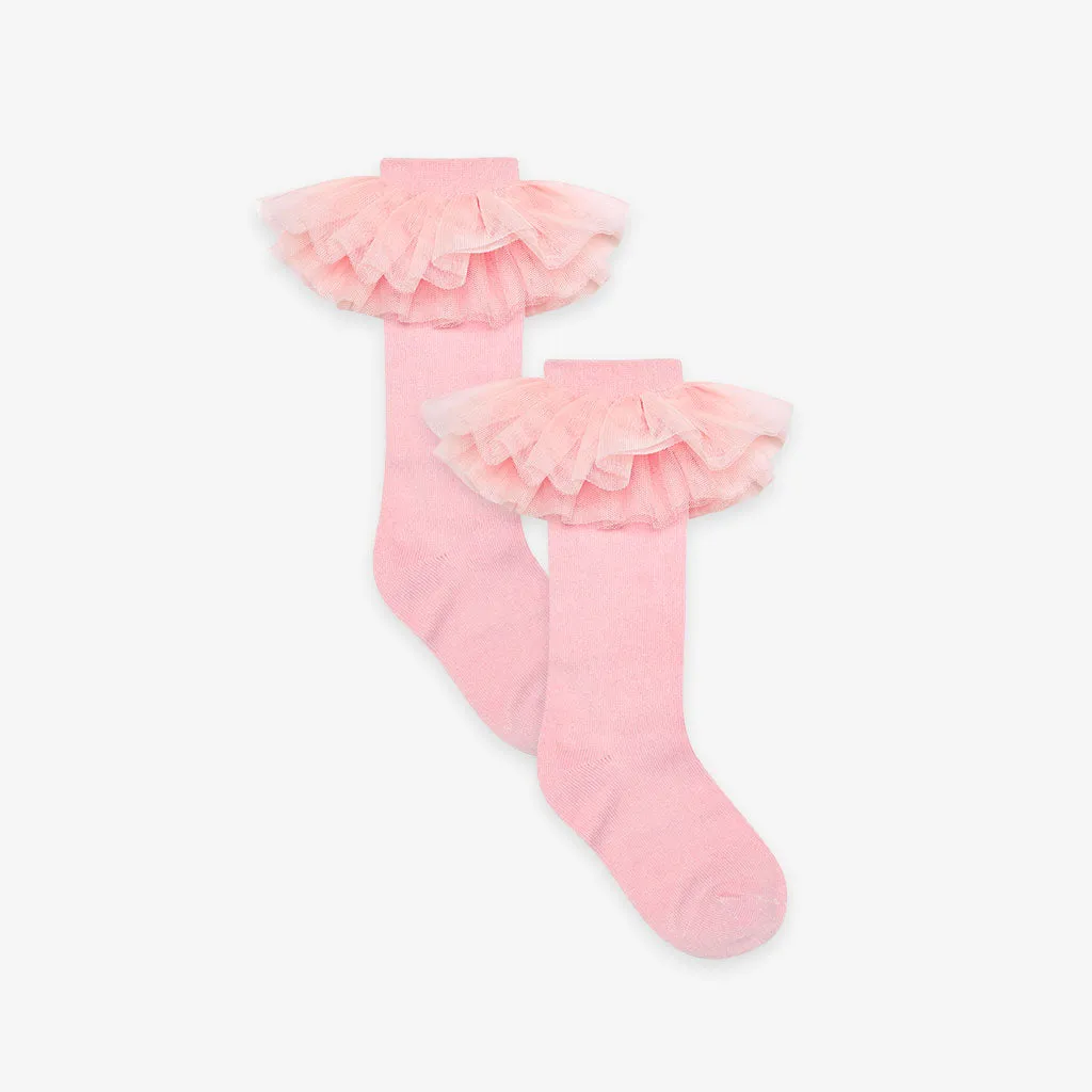 Starry Pink Tulle Ruffle Knee High Socks