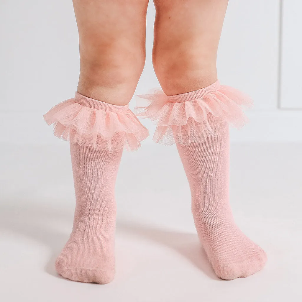 Starry Pink Tulle Ruffle Knee High Socks