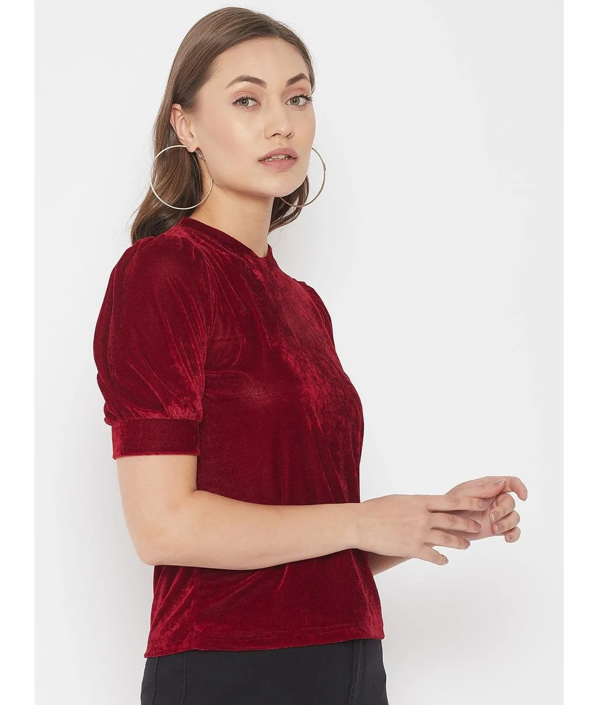 Stretchable Velvet High Neck Puff Sleeve Top