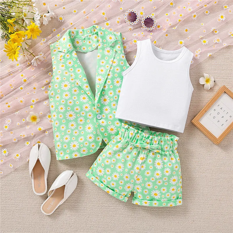 Summer Cute Floral Vest Three-Piece Set