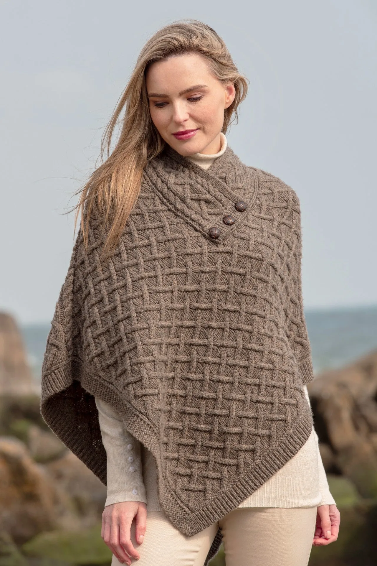 Super Soft Aran Poncho-Brown