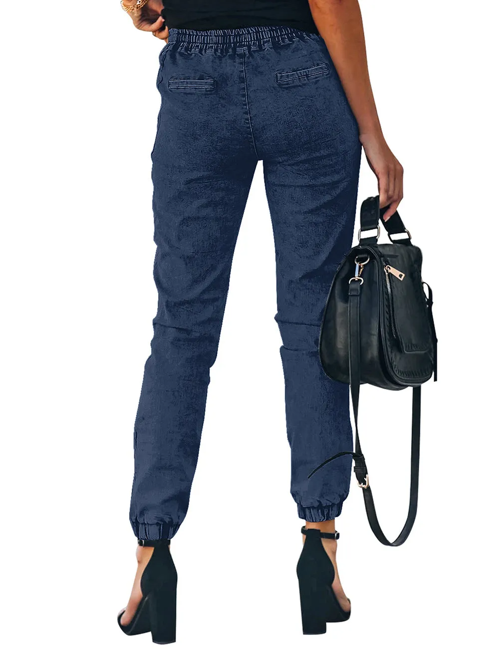 Vetinee Womens High Rise Jogger Denim Jeans Elastic Waist Drawstring Stretch Pants