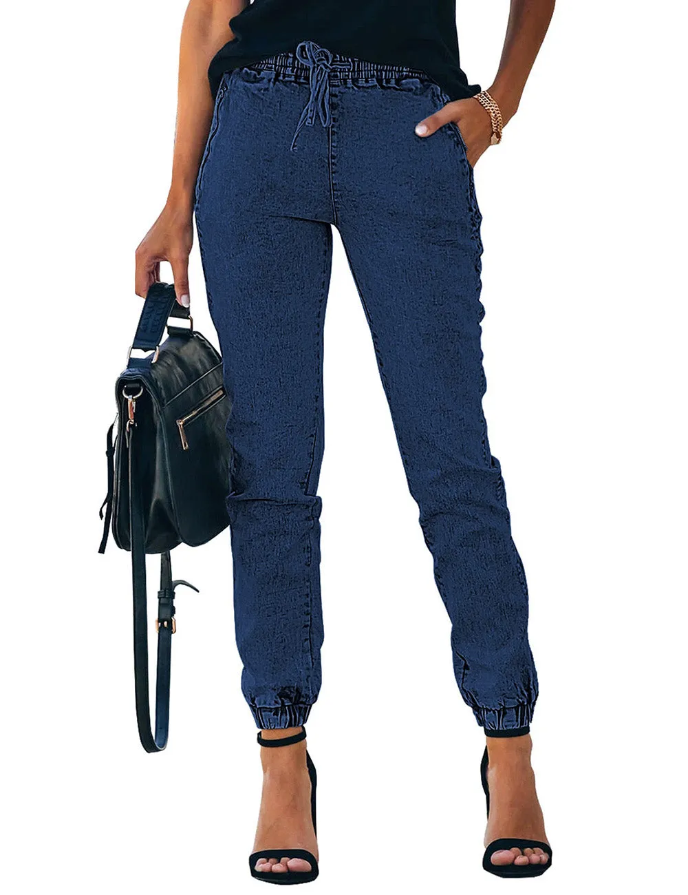 Vetinee Womens High Rise Jogger Denim Jeans Elastic Waist Drawstring Stretch Pants