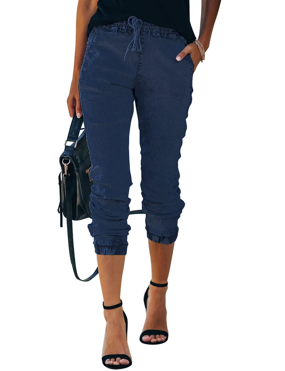 Vetinee Womens High Rise Jogger Denim Jeans Elastic Waist Drawstring Stretch Pants