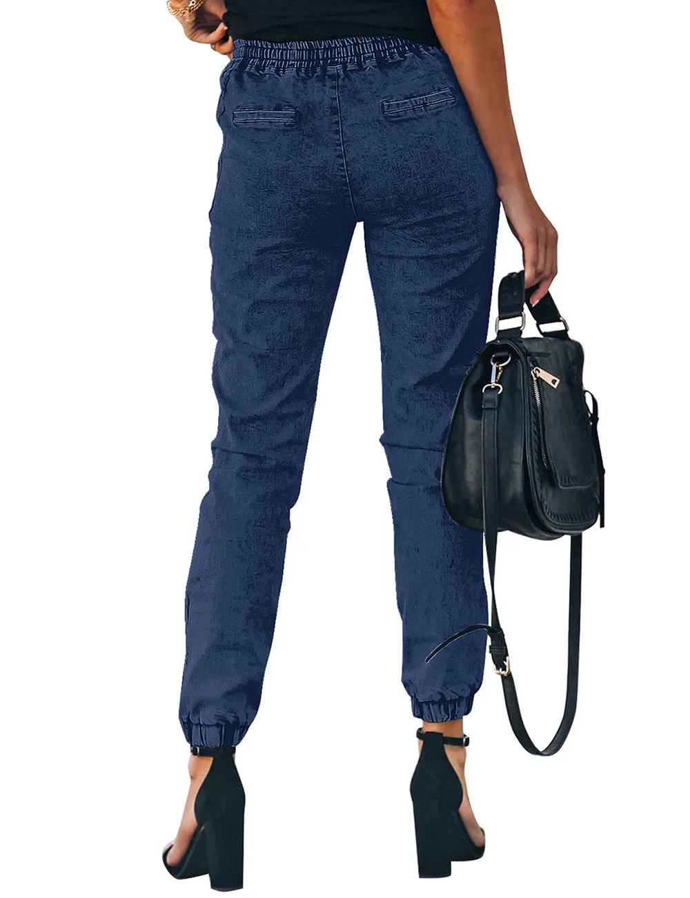 Vetinee Womens High Rise Jogger Denim Jeans Elastic Waist Drawstring Stretch Pants