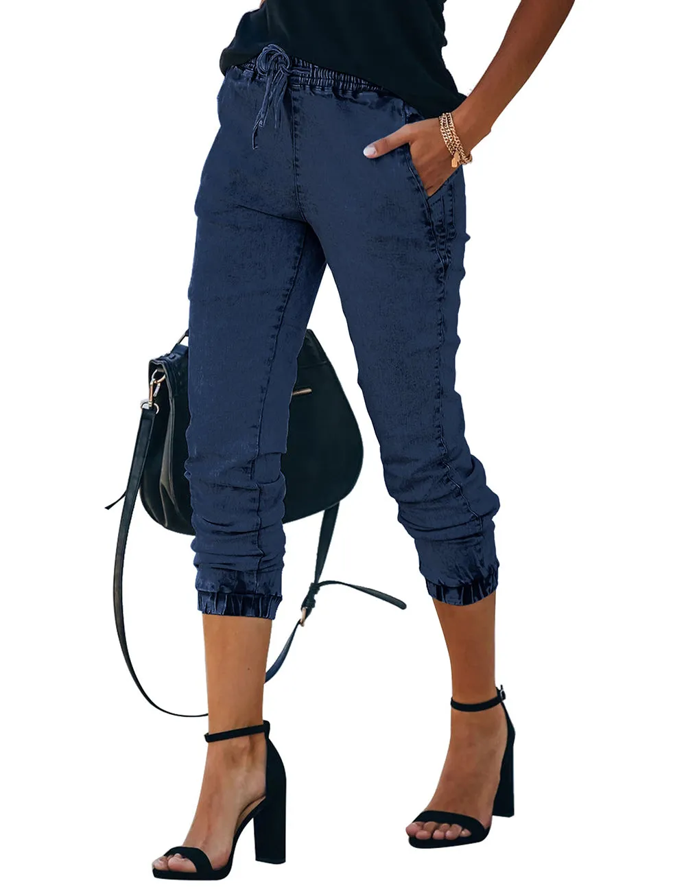 Vetinee Womens High Rise Jogger Denim Jeans Elastic Waist Drawstring Stretch Pants