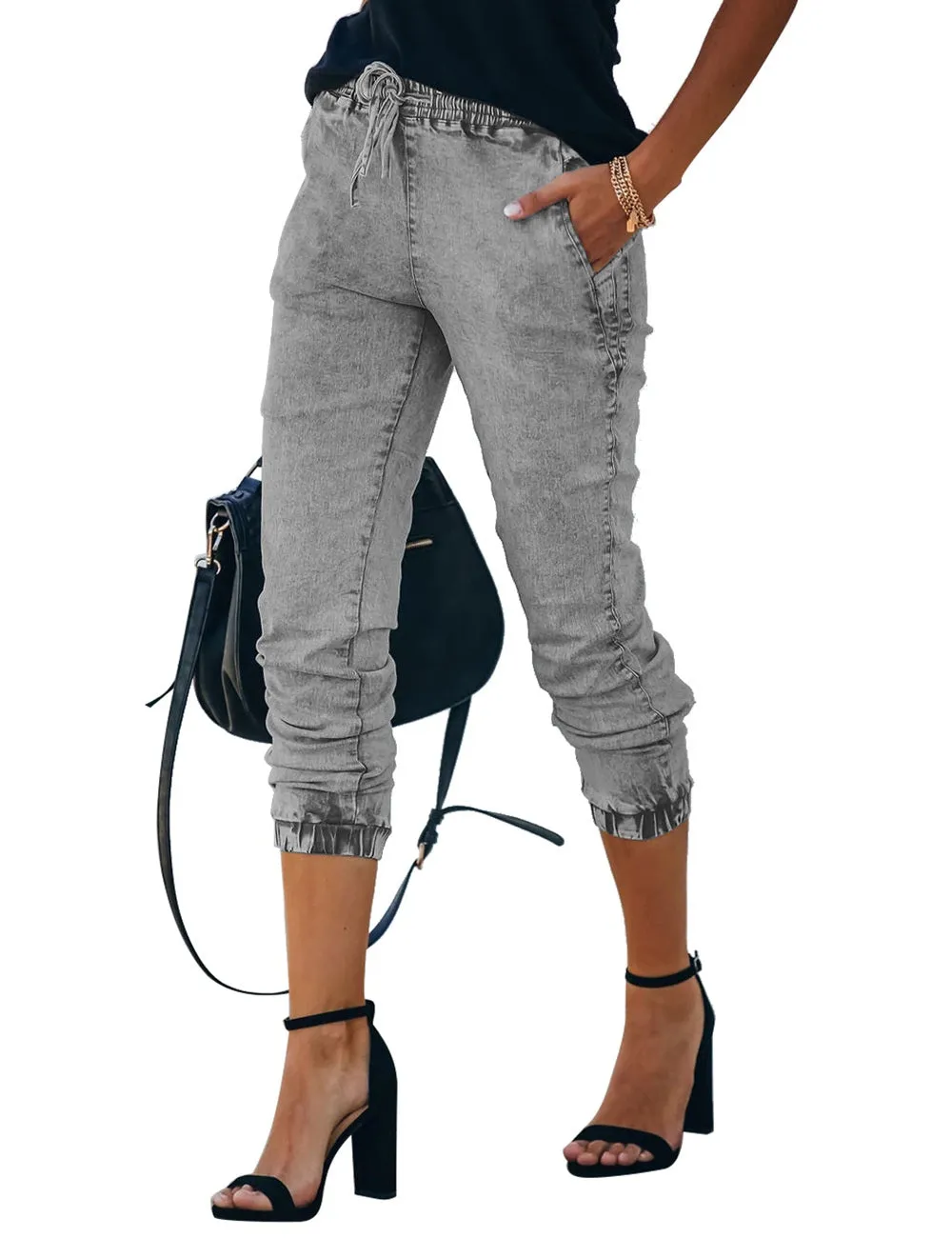 Vetinee Womens High Rise Jogger Denim Jeans Elastic Waist Drawstring Stretch Pants