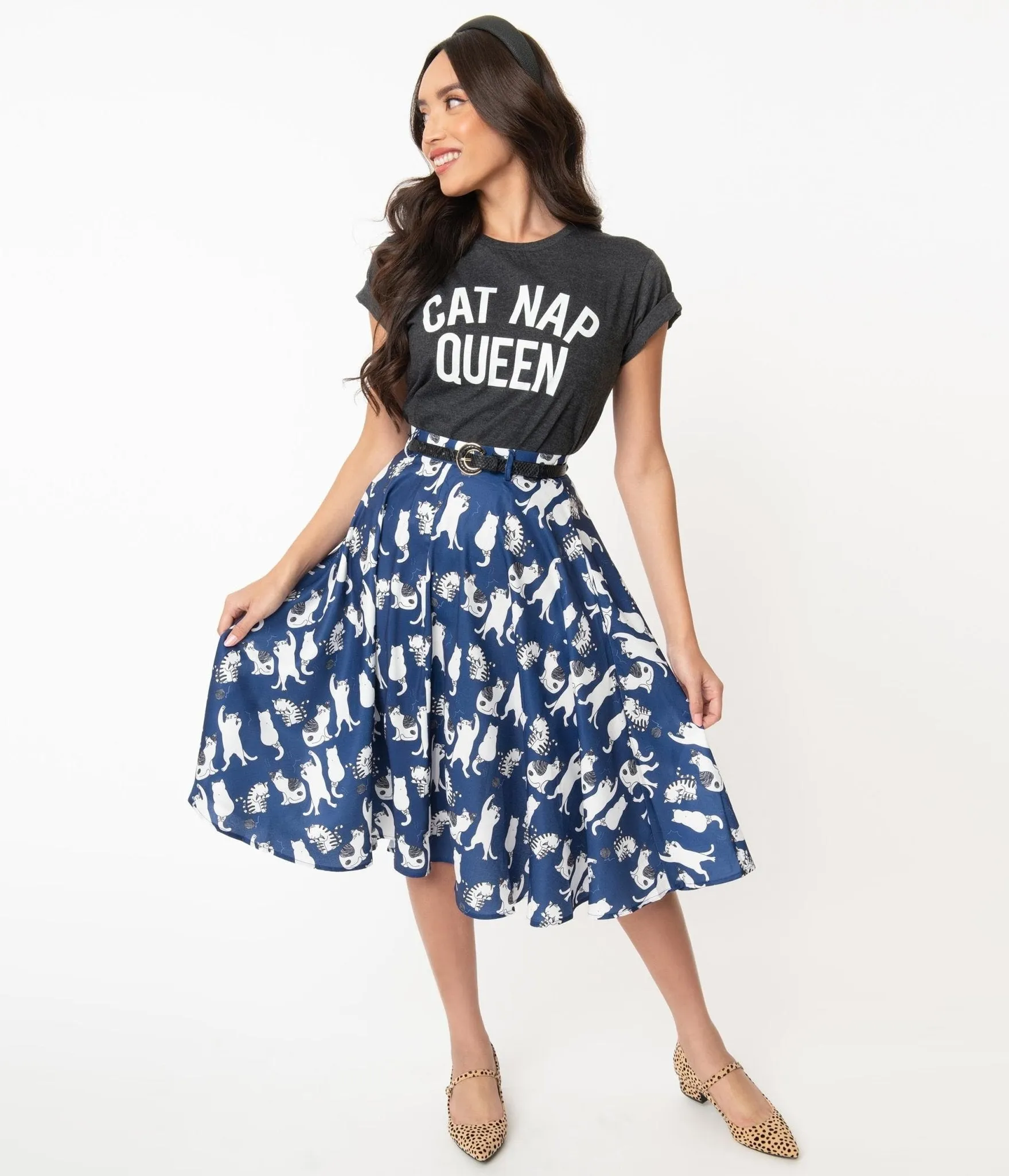 Vintage Style Navy & White Cat Print Swing Skirt