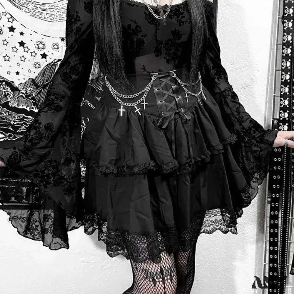 Waist Women Charming Sexy Fairycore Mini Folds Drawstring Ruffle Patchwork Irregular High Gothic Black Skirt