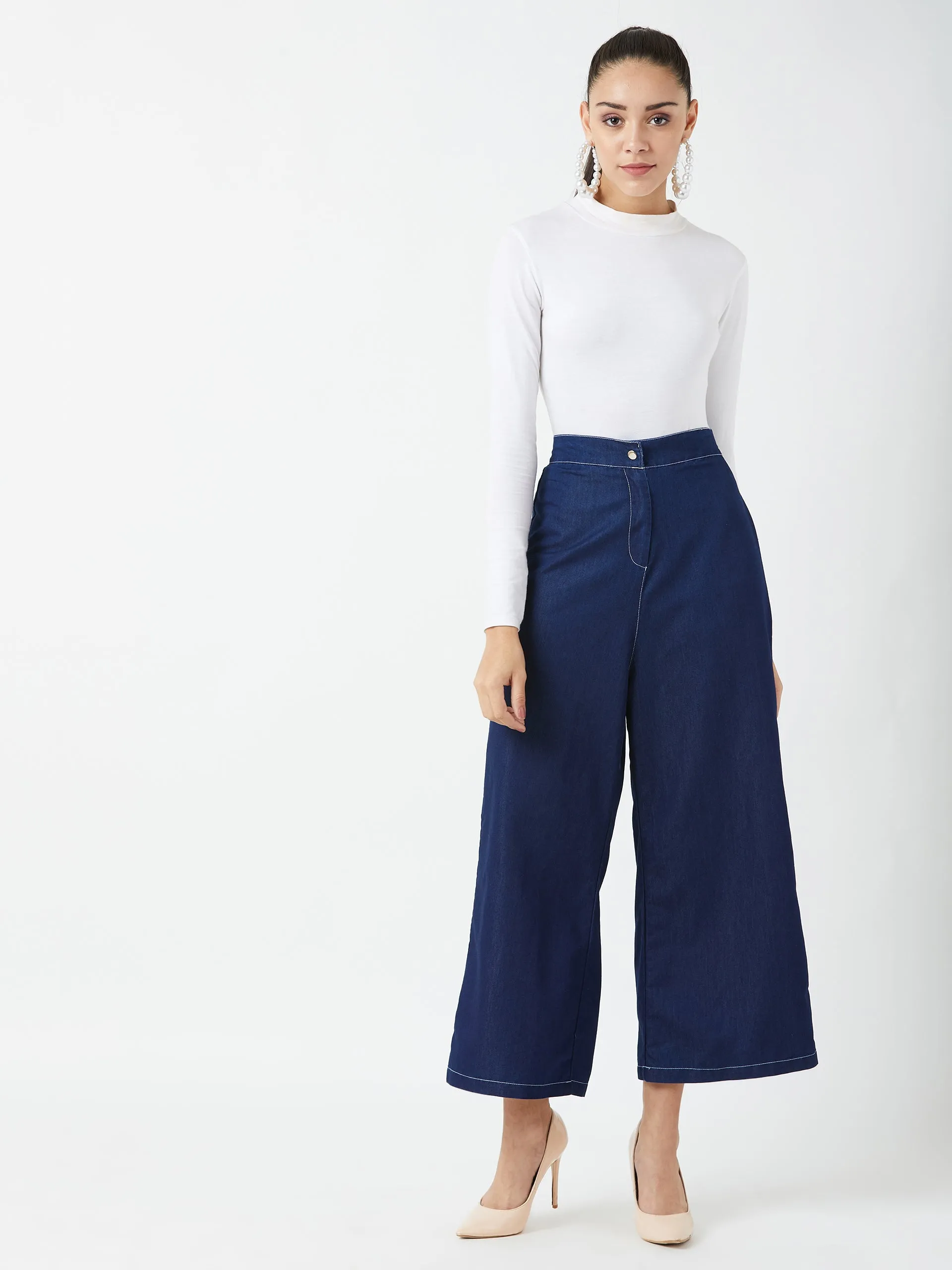 Women's Navy Blue Wide-Leg High Rise Light Weight Clean Look Regular Length Light Weight Denim Pants