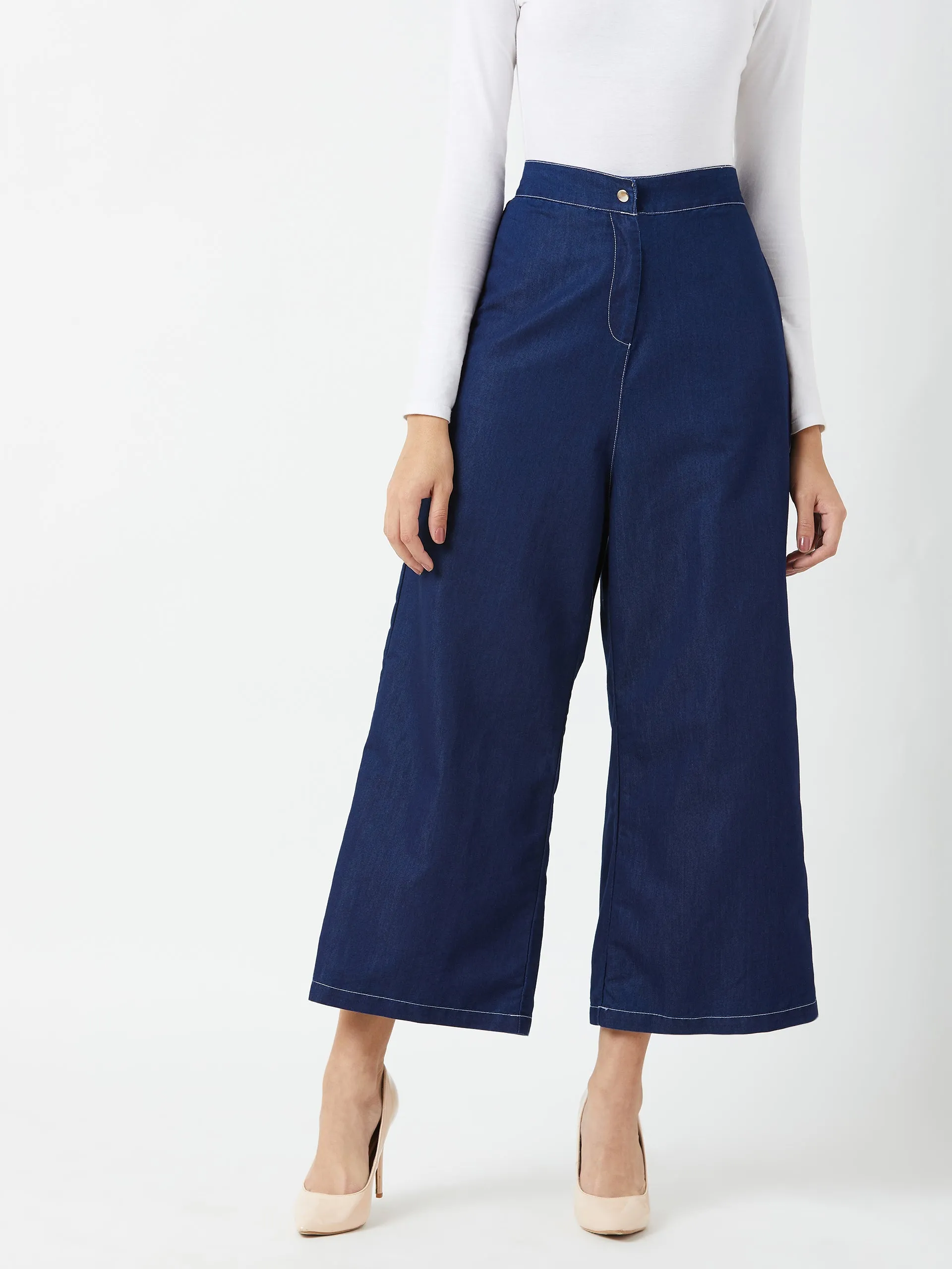 Women's Navy Blue Wide-Leg High Rise Light Weight Clean Look Regular Length Light Weight Denim Pants