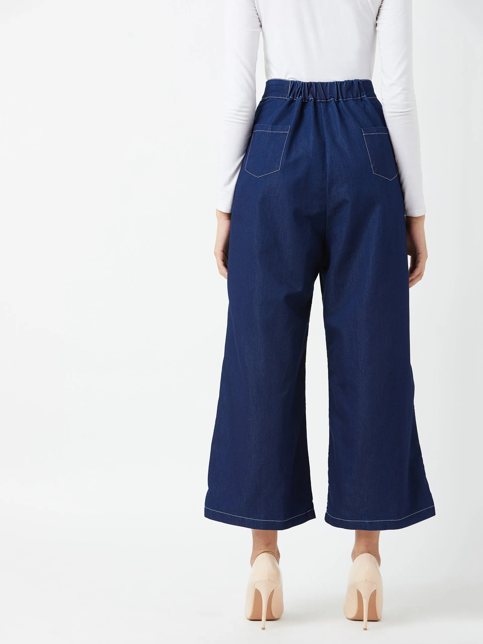 Women's Navy Blue Wide-Leg High Rise Light Weight Clean Look Regular Length Light Weight Denim Pants