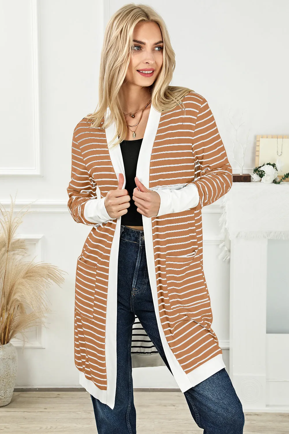 Women's Striped Color Block Side Pockets Open Front Cardigan