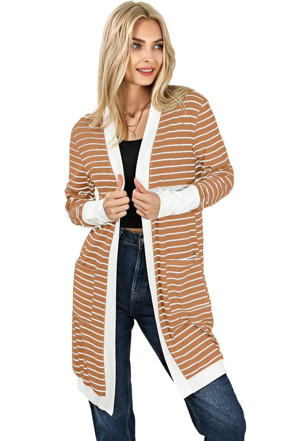 Women's Striped Color Block Side Pockets Open Front Cardigan