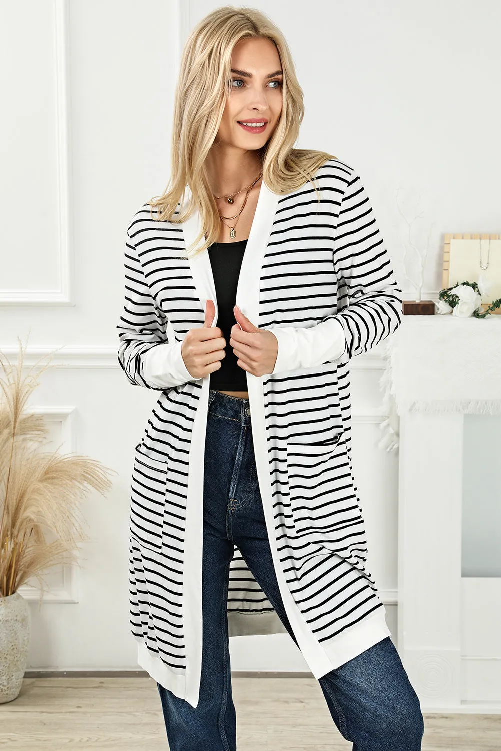 Women's Striped Color Block Side Pockets Open Front Cardigan